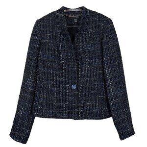 Louben Tweed Wool Blend Metallic Shimmer Blazer Jacket Blue Gray Black Size 6